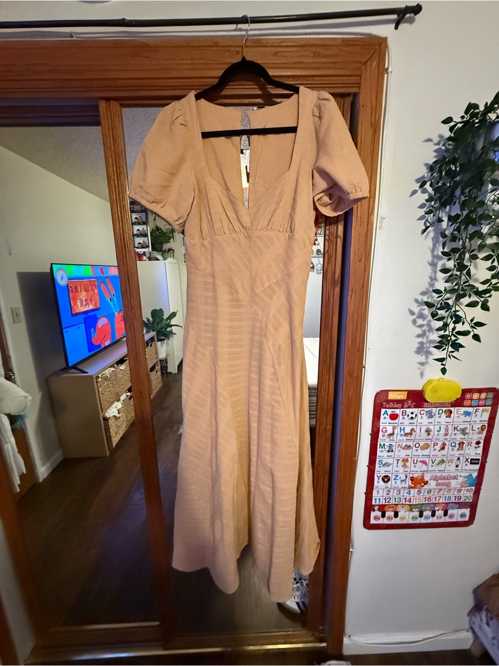 Free People Tan Midi Dress with Puff Sleeves